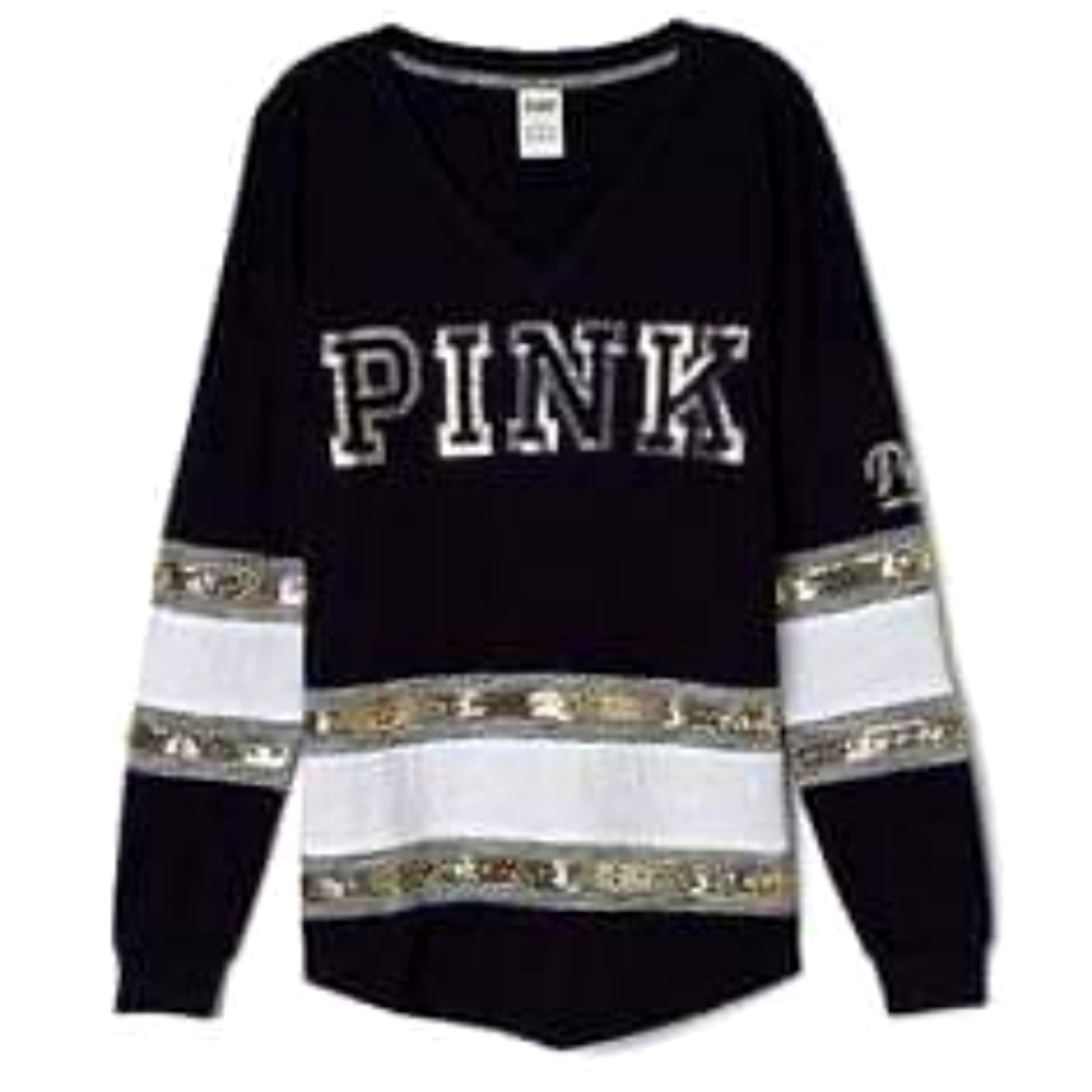 Victoria's Secret PINK Bling Oversized Sequin Long Sleeve V-Neck T-Shirt Top
